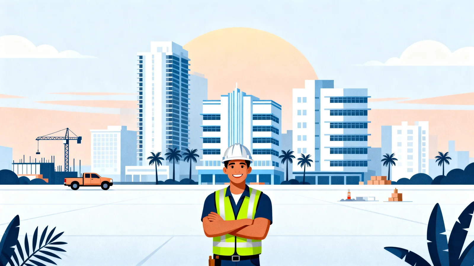 Contractor in a hard hat standing in front of the Miami skyline with palm trees